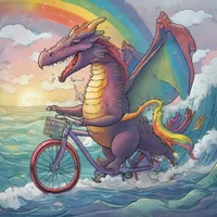 A dragon is singing on a penguin beneath the ocean waves during a thunderstorm while cycling on a rainbow-colored bicycle.