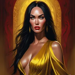 portrait of megan fox with bright red eyes, wearing a vail and a tight yellow silk dress, sultry body with sexy belly, fantasy, intricate, elegant, highly detailed, digital painting, artstation, concept art, matte, sharp focus, illustration, art by aenaluck and roberto ferri and greg rutkowski, epic fantasy, digital painting