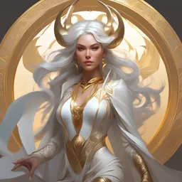 fullbody!! dynamic action pose, beautiful woman with white hair, big natural horns on her head, gold jewellery, dnd, face, fantasy, intricate, elegant, highly detailed, digital painting, artstation, concept art, smooth, sharp focus, illustration, art by artgerm and greg rutkowski and alphonse mucha