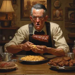 an angry cracker barrel customer seated at a table being forced to eat fake meat, stunning painting, elegant intricate digital painting artstation concept art by mark brooks and brad kunkle and norman rockwell, extreme detailed