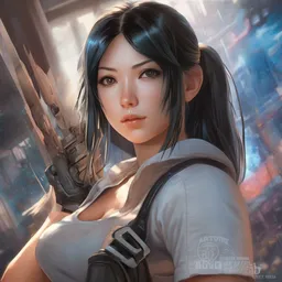 highly detailed vfx portrait of kaho shibuya cosplaying as tifa lockhart by eiichiro oda, makoto shinkai, alphonse mucha, sharp focus, art by artgerm and greg rutkowski!, backlit, harsh overhead sunlight, blue eyes!!, aquiline nose!!, stanley kybric, kaoru mori, hyper detailed, smooth pixiv, fanbox,