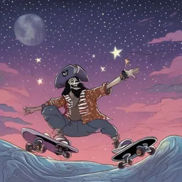 A pirate is singing on a zebra under the starry sky at twilight while skating on a hoverboard.