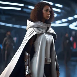 girl in futuristic cape, weapon in hand, character concept art, star wars style, digital art, many details, super realistic, high quality, 8 k