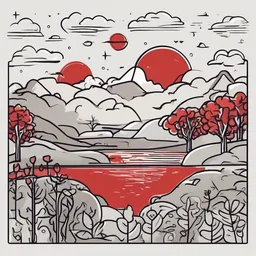 a icon of serene countryside with a doodle style, creating a elegant mood in a mystical theme, featuring red color.