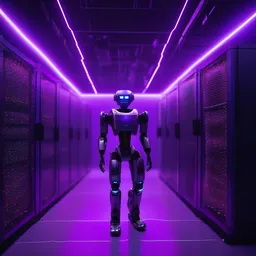 hyperrealistic medium shot robot! in data center server highly detailed concept art eric zener elson peter cinematic hard purple lighting high angle hd 8 k sharp shallow depth of field, inspired by denis villeneuve and zdzisław beksinski