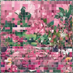a icon of magical garden with a mosaic style, creating a dynamic mood in a sports theme, featuring pink color.