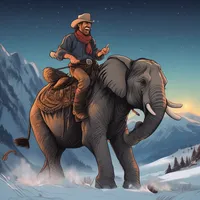 A cowboy is roaring on a elephant on a deserted island at night while skiing down a snowy mountain.