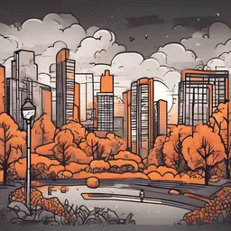 a icon of vibrant city park with a doodle style, creating a mysterious mood in a modern theme, featuring orange color.
