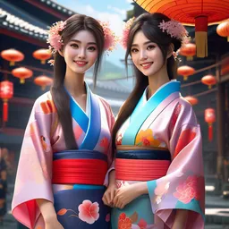 two beautiful fashion taiwan girls wear fantasy yukata in festival | | big eyes, sunny, dreamlike art, realistic shaded, smile, good looking, fine details, 4 k realistic, cryengine, realistic shaded lighting poster by greg rutkowski, magali villeneuve, artgerm, jeremy lipkin and michael garmash and rob rey