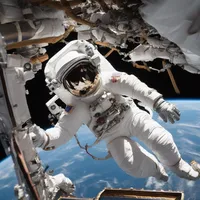 An astronaut on a spacewalk repairing a space station