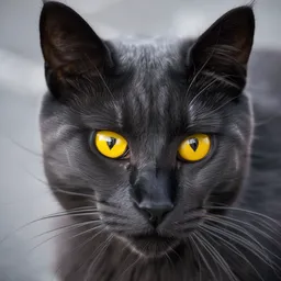 a gray and black cat with yellow eyes