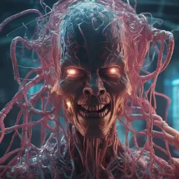 poltergeist fused with a cosmic evil laughing android, the thing, few cable wires hanging on the body, ghostly, gnarly, portrait, intricate details, by vincent di fate, artgerm, julie bell, beeple and Greg Rutkowski, 80s, concept, Smooth gradients, octane render, 8k, High contrast, duo tone, depth of field, very coherent symmetrical artwork
