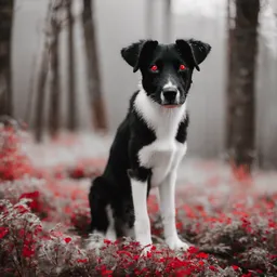 a black and white dog with red eyes
