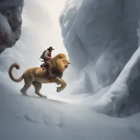 A cowboy is jumping on a lion in a secret cave on a foggy day while skiing down a snowy mountain.