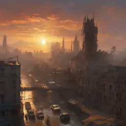 sunset over a post apocalyptic city, fantasy, intricate, elegant, dramatic lighting, highly detailed, lifelike, photorealistic, digital painting, artstation, concept art, smooth, sharp focus, illustration, art by john collier and albert aublet and krenz cushart and artem demura and alphonse mucha