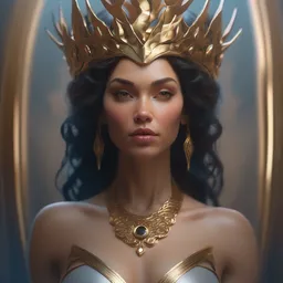 blurred background. close-up portrait of a goddess in crown, by Artgerm and Afarin Sajedi and greg rutkowski. octane render