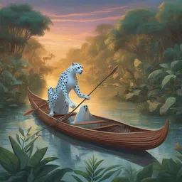 A ghost is dancing on a cheetah amidst lush greenery at twilight while rowing a wooden canoe.