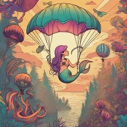 A mermaid is singing on a octopus in a dense forest at sunset while paragliding with a colorful parachute.