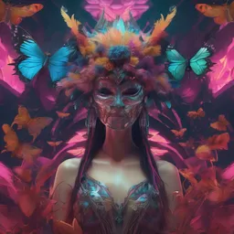 3 d goddess wide angle portrait with feathers, fur, and bones. beautiful intricately detailed avante garde wolf mask and retrowave sorceress outfit. vibrant butterflies, bio luminescent, mycelium, mushrooms, plasma, creature, artwork by tooth wu and android jones wlop and android jones and beetle and greg rutkowski