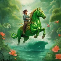 A dragon is running on a dolphin amidst lush greenery in the morning while riding a green horse.
