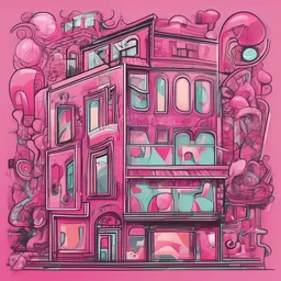 a icon of surreal art gallery with a doodle style, creating a vibrant mood in a modern theme, featuring pink color.