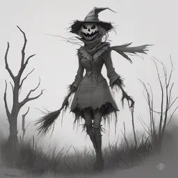 concept art of a scary lanky female scarecrow, artstation, pencil