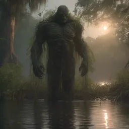 swamp thing at dusk, misty athmosphere, no tail, ultra realistic, concept art, intricate details, eerie, highly detailed, photorealistic, octane render, 8 k, unreal engine. art by ed blinkley andartgerm and greg rutkowski and alphonse mucha