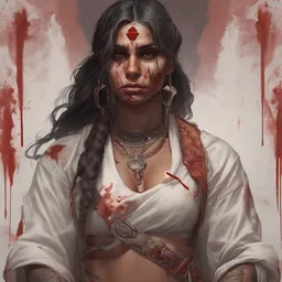 portrait painting of a muscular bloodied indian girl butcher, tattooed, symmetric, ultra realistic, concept art, intricate details, eerie, highly detailed, photorealistic, octane render, 8 k, unreal engine. art by artgerm and greg rutkowski and alphonse mucha