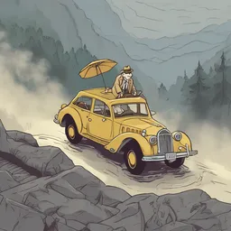 A detective is exploring on a crocodile on a big stone on a foggy day while driving a golden car.