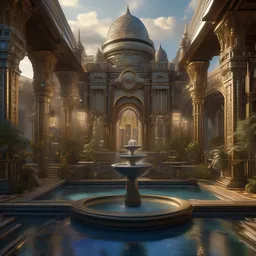 Whimsical architecture buildings, next to a fountain and a mystical palace, hyperrealistic mixed media, stunning 3d render inspired art by P. Craig Russell and Barry Windsor-Smith + perfect facial symmetry + dim volumetric lighting, 8k octane beautifully detailed render, post-processing, extremely hyperdetailed, intricate futuristic mechanic parts, epic composition, bright and sparkling atmosphere, cinematic lighting + masterpiece, trending on artstation