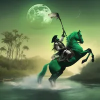 A pirate is dancing on a zebra by a tranquil river during a solar eclipse while riding a green horse.