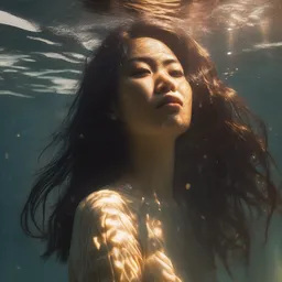 portrait of asian woman underwater during sunrise, sunrays, aquaman aesthetic, caustics, rippling water, photoshoot, flowing hair, haunting, iconic, fine-art, masterpiece, cinematic, trending on artstation