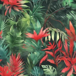 a icon of jungle expedition with a watercolor style, creating a vibrant mood in a tropical theme, featuring red color.