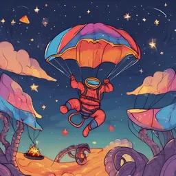 A superhero is dancing on a octopus under the starry sky in the light of a bonfire while paragliding with a colorful parachute.