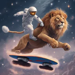An astronaut is pouncing on a lion under the starry sky on a foggy day while skating on a hoverboard.