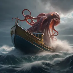 a ((small fishing boat)) is attacked by a huge tentacled monster, crashing waves, trending on artstation, rendered in octane, global illumination