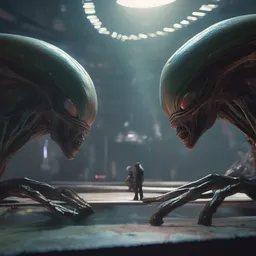 the day that aliens met us, digital art, epic, lighting, color harmony, volumetric lighting, matte painting, chromatic aberration, shallow depth of field, epic composition, trending on artstation