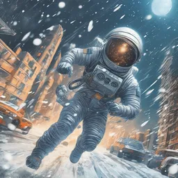 An astronaut is running on a zebra in a bustling city amidst falling snowflakes while flying a blue spaceship.