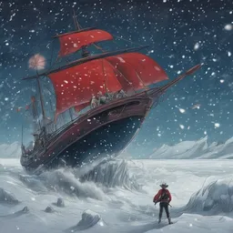 A cowboy is roaring on a humpback whale under the starry sky amidst falling snowflakes while sailing a red boat.
