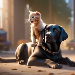 tiny cat riding a labrador, cat on top of dog, concept art, artstation, trending on Instagram, Twitter, perfect face