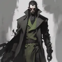 Half body portrait of a menacing demon hunter in long trench coat with black fog oozing. In style of Yoji Shinkawa and Hyung-tae Kim, trending on ArtStation, dark fantasy, great composition, concept art, highly detailed, dynamic pose.