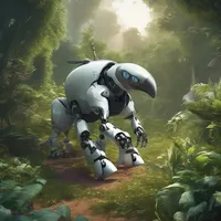 A robot is exploring on a penguin amidst lush greenery during a solar eclipse while galloping on a mythical unicorn.