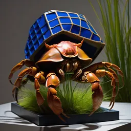 hyperrealistic sculpture of a bronze fossilized ancient platonic solid hermit crab dusted with saffron and deep blue and grass green spraypaint in a grid cage on a pedestal by ron mueck and duane hanson and lee bontecou, hyperrealistic dramatic colored lighting trending on artstation 8 k