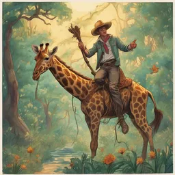 A cowboy is dancing on a giraffe amidst lush greenery in the light of a bonfire while soaring on a magical broomstick.