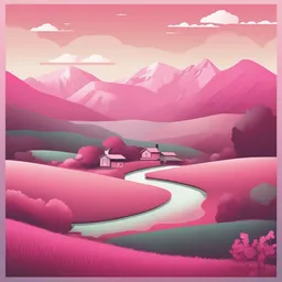 a icon of serene countryside with a gradient style, creating a captivating mood in a vintage theme, featuring pink color.