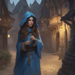 a female wizard with brown hair wearing a blue hood and blue robe exploring a dark and sinister medieval village, fantasy, highly detailed, digital painting, artstation, concept art, character art, art by greg rutkowski and tyler jacobson and alphonse mucha
