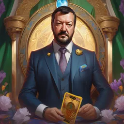 matteo salvini, wearing a suit, tarot card, deep focus, d & d, fantasy, intricate, elegant, highly detailed, digital painting, artstation, concept art, matte, sharp focus, italian flag, illustration, hearthstone, art by artgerm and greg rutkowski and alphonse mucha