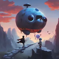 A vampire is exploring on a panda on a big stone at dawn while flying a blue spaceship.