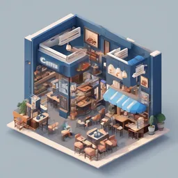 a icon of cozy coffee shop with a isometric style, creating a captivating mood in a modern theme, featuring blue color.