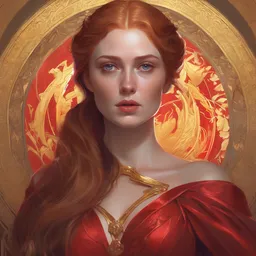 sansa stark in red and gold, intricate, elegant, highly detailed, digital painting, artstation, concept art, smooth, sharp focus, illustration, art by artgerm and greg rutkowski and alphonse mucha and william - adolphe bouguereau